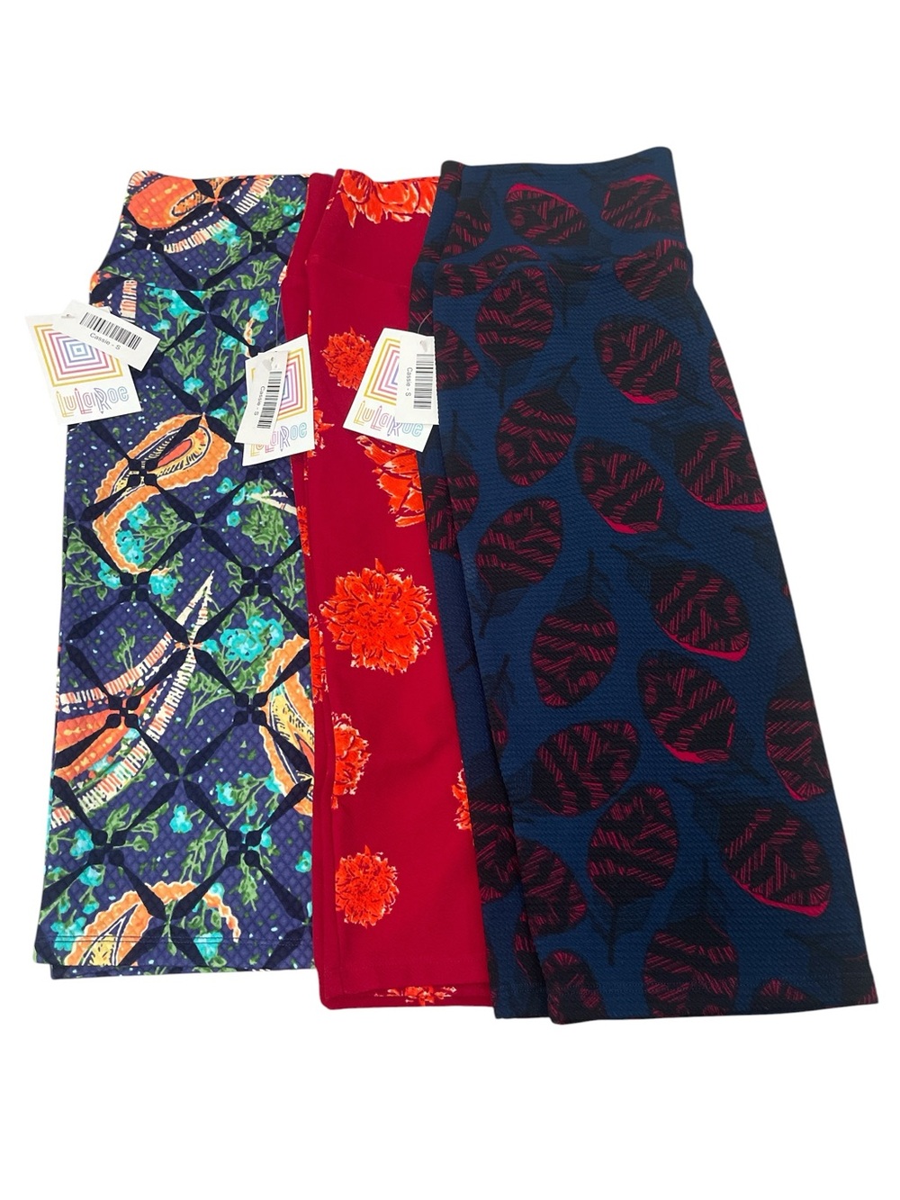 LuLaRoe Cassie Women Pencil Skirts Lot of 3 Navy Leaf, Red Floral, Multi Paisley